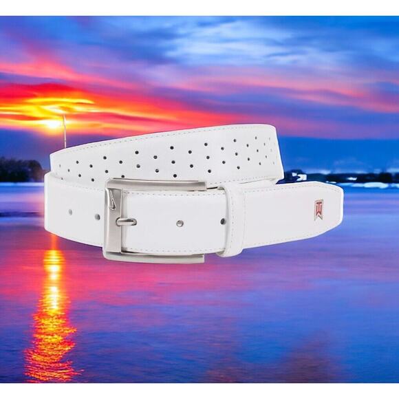 Nike Tiger Woods Mesh G-Flex White PGA Golf Tour Leather Belt Mens Size 42 NEW - Picture 3 of 12
